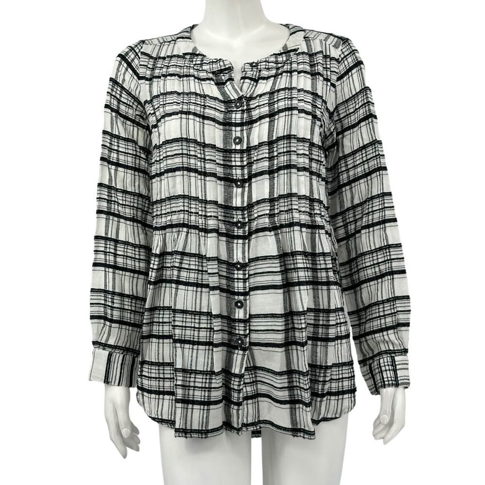 Anthropologie Top Women 2 Black White Plaid‎ Tunic Button Up Wool Boho Oversized